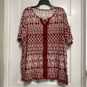 Catherine's 1X / 18/20W  V Neck Tee Tunic Top with Lace Tie Burnt Red White